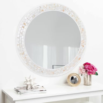 24 Inch Round Mirrors with Mosaic Frame for Wall | Natural Mother of Pearl Inlay, Coastal White Framed Circle Mirror with Tempered Glass for Bathroom, Bedroom or Entryway - size: 24"L x 24"W