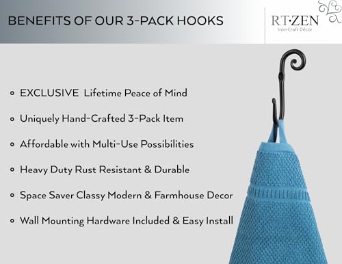 Classic Farmhouse Wall Mount Multi-Use Wrought Iron Hook Set (3 Pack) | Decorative Rustic Metal Handcrafted Bathroom, Entreyway Home Decor Hooks Suitable for Coats, Towels, Robe or Hat Hanging - style: J-Hook Swirl