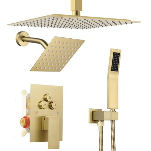 Dual Rainfall Shower Head System for 2 People Shower Faucet Set, Push Button Diverter Solid Brass Pressure-Balanced Valve Shower System (Brushed Gold)