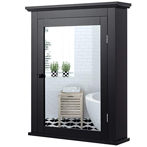 Tangkula Bathroom Cabinet with Mirror, Mirrored Wall-Mounted Storage Medicine Cabinet w/Single Door & Adjustable Shelf in 5 Positions, Multipurpose Wall Cabinet for Bathroom (Black) - color: Black