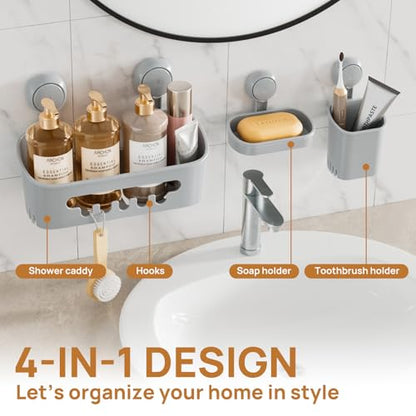 Shower Caddy Suction Cup Set Shower Organizer & Soap Holder, Grey | Toothbrush Holder, Bathroom Shelf Basket NO-Drilling, Removable Suction Storage, Waterproof Bathroom Caddy - color: 3 X Gray