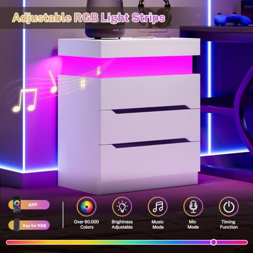 Night Stand with 3 Drawers, Nightstand with App-Controlled Adjustable LED Light, Bedside Table with Slidable Hidden Storage Space, Modern Nightstands for Bedroom,White - color: Unbzx032wd-zf