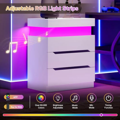 Night Stand with 3 Drawers, Nightstand with App-Controlled Adjustable LED Light, Bedside Table with Slidable Hidden Storage Space, Modern Nightstands for Bedroom,White - color: Unbzx032wd-zf