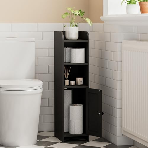 Homhedy Small Bathroom Storage Cabinet, Narrow Toilet Paper Cabinet | Corner Floor Cabinet with Door and Shelves, Slim Bathroom Cabinet for Small Spaces, 9.8" D x 7.9" W x 31" H, Black - color: Black, size: 9.8"D x 7.9"W x 31"H