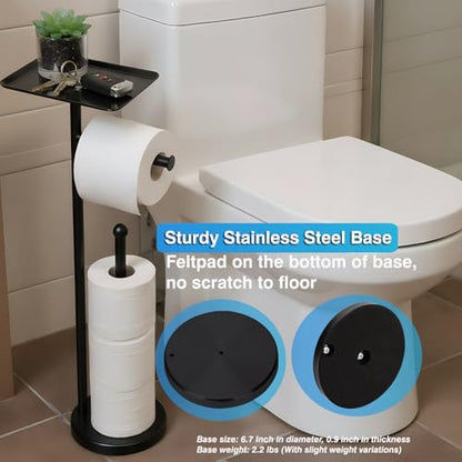 Toilet Paper Holder with Shelf, Freestanding Toilet Paper Stand with Storage Space for Holding Extra 4 Toilet Paper Rolls (Stainless Steel Base, Black) - color: Black