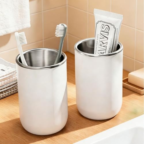2 Pack Stainless Steel Toothbrush Cups, Rustproof Bathroom Tumbler for Toothpaste, Toothbrush, Razor, Makeup Brushes, Modern Countertop Organizer for Bathroom, Vanity, Sink,White - color: White