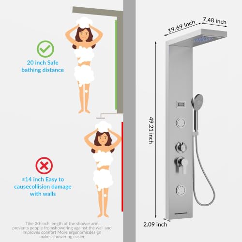Garvee Shower Panel Tower 6-Function LED Rainfall Body Jets SS Brushed Nickel