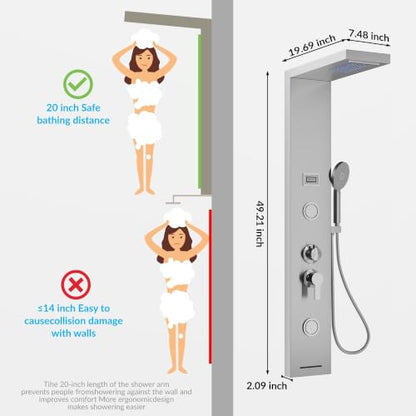 Garvee Shower Panel Tower 6-Function LED Rainfall Body Jets SS Brushed Nickel