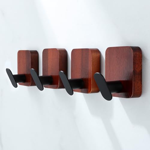 DELITON Acacia Wooden Towel Hooks Red Brown, 4 Pack Sticky Hooks for Hanging Towels, Coat, Hat, Robe, Heavy Duty, No Damage - color: Brown