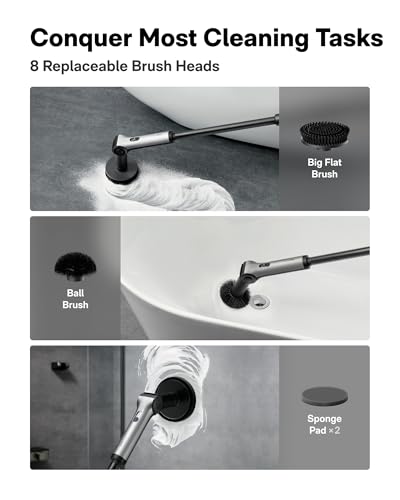 HOTO Flexi™ Cordless Electric Spin Scrubber, for Bathtub, Bathroom, Tile | Adjustable Angle, Extendable Handle, Smart Display, IPX7 Waterproof, Powerful Cleaning Scrubber with 8 Brush Heads