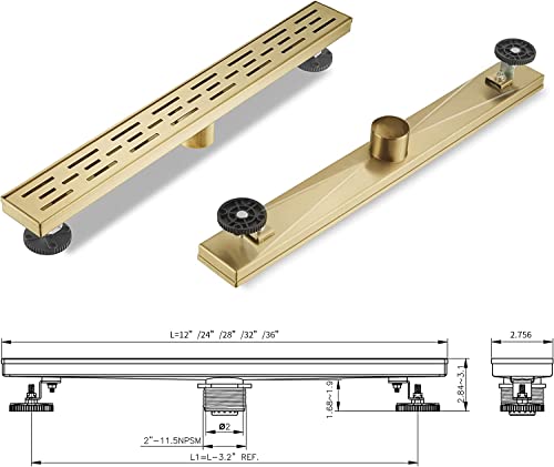Linear Shower Drain, Brushed Gold Shower Drain 32 Inch with Removable Grate, SUS-304 Stainless Steel Rectangle Floor Drain with Leveling Feet and Hair Strainer, Bathroom Modern Drain SD-101 - color: Brushed Gold, size: 32 Inch