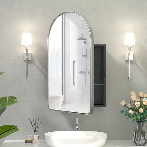 Arched Medicine Cabinet with Mirror,Recessed Medicine Cabinet for Bathroom | Metal Framed,Nickel Bathroom Mirror with Storage,20x 31 Inch,Adjustable Shelves,Full Assembled,for Bathroom,Bedroom - color: Nickel