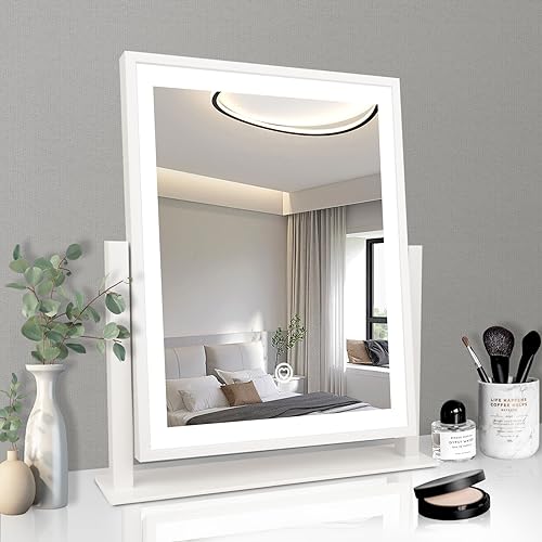 Beelux Vanity Mirror with Lights,15.3" Makeup Mirror with Light Smart Touch Control Dimmable 3 Modes Lighted LED Mirror 360°Rotation White for Christmas Birthday Thanksgiving Mother's Day - size: 15.2"L x 12.6"W