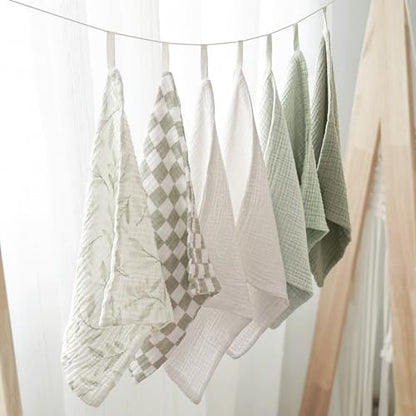 Konssy Baby Muslin Washcloths 7-Pack, 100% Cotton Baby Bath Washcloths, Soft & Absorbent Wash Cloths and Burp Cloths for Newborn Kids Girls & Boys, 11x11 inches - color: Leaf