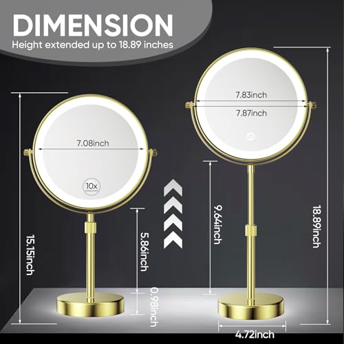 Nicesail 8" Rechargeable LED Magnifying Makeup Mirror, Shiny Gold 1X 10X | 3 Color Lights, 10X Magnification, Height Adjustable Stand up Lighted Magnifying Mirror, Double Sided 360° Rotation - color: Shiny Gold