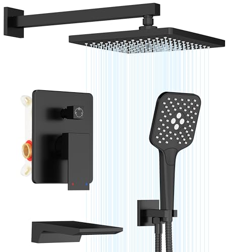Gabrylly Shower System with Tub Spout, Wall Mounted Tub Shower Faucet Set for Bathroom with High Pressure 10" Rain Shower head and 3-Setting Handheld Shower Head Set,Matte Black - color: matte black 01