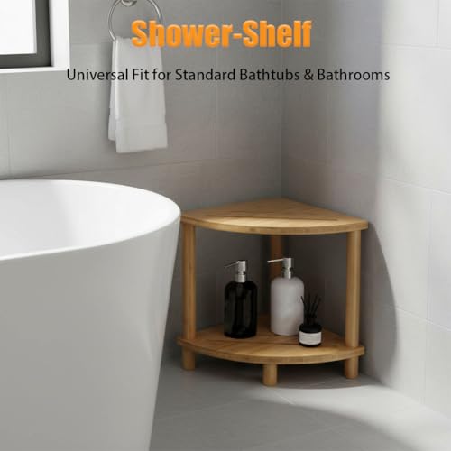 2-Tier Bamboo Corner Shower Stool,Shower Foot Rest for Bathroom Sauna | Non-Slip Adjustable Shower Feet Stool for Shaving Legs with Storage Shelf, Space Saving Shower Bench for Kitchen, Entryway