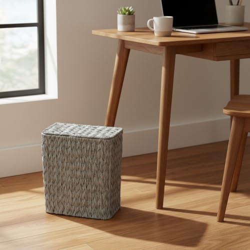 Coeusy 3 Gallon Wicker Trash Can,Grey Bathroom Trash Cans with Lid,Waterproof Slim Waste Basket for Bedroom,Home Office,Narrow Garbage Can with Removable Liner - color: grey