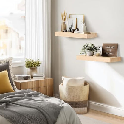 Solid Wood Floating Shelves, 17 Inch Wall Shelves, Set of 2, Wood | 8 Inch Deep, 1.6 Inch Thick, Extra-Wide Display Space, Mounting Hardware Included, For Kitchen, Bathroom and Living Room - color: Wood, size: 17x8x1.6
