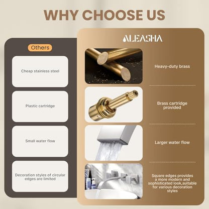 ALEASHA Wall-Mounted Bathroom Sink Faucet, Brushed Nickel Bathroom Faucet | Waterfall Bathroom Faucet with Two Handles, Brass Bathroom Sink Faucet, Wall-Mounted Washroom Faucets and Rough-in Valve - color: Brushed Nickel