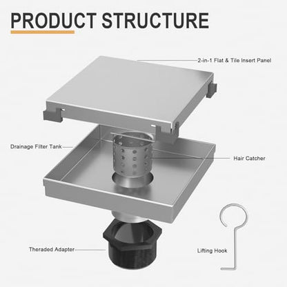 Linear Shower Drain - 6 Inch Brushed Nickel, with Tile Insert Panels | AISI 304 Stainless Steel Shower Drain with Adjustable Feet, Hair Catcher, Rectangle Shower Floor Drain Fits Bathroom, Balcony - color: Brushed Nickel, size: 6 Inch
