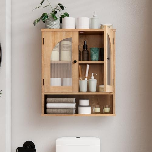 Bathroom Cabinet Wall Mounted with Tempered Glass Doors,Wooden Medicine Cabinet with Adjustable Shelf Open Shelf,Over Toilet Space Saver Storage Cupboard Natural Oak - color: Natural Oak