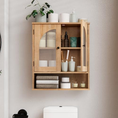 Bathroom Cabinet Wall Mounted with Tempered Glass Doors,Wooden Medicine Cabinet with Adjustable Shelf Open Shelf,Over Toilet Space Saver Storage Cupboard Natural Oak - color: Natural Oak