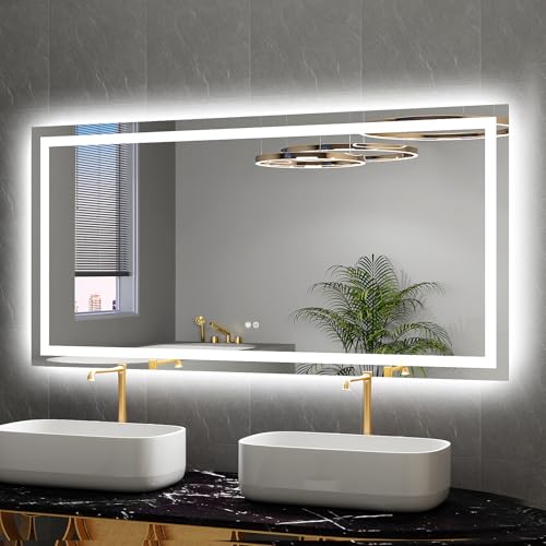 LED Mirror for Bathroom 60x30 Lighted Bathroom Vanity Mirrors with Lights, Brighter Frontlit and Backlit Anti-Fog Mirror, Tempered Glass, Dimmable 3 Colors Light Modes, Memory Function - size: 60"L x 30"W