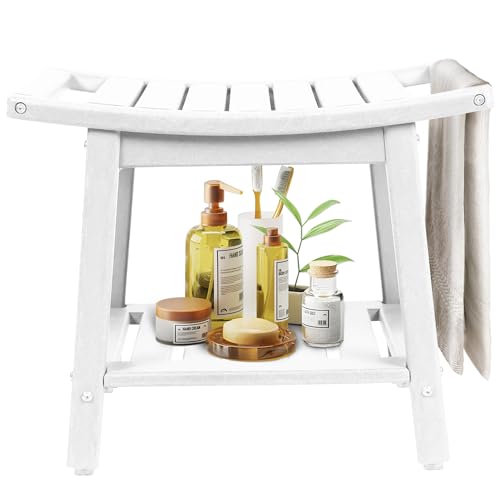 BRIOPAWS Shower-Bench-Seat-Waterproof | White Shower Stool-for-Inside-Shower | HDPE Plastic | Bathroom-Benches w/Storage Shelf & Handles | Shaving Legs | Indoor Outdoor Use | 21.8 x 14 x 18.1 Inch - size: White-L