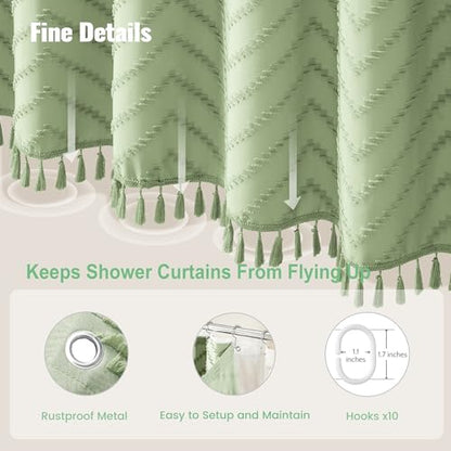 Stall Shower Curtain and Liner Set - 60 x 84 inch Long Boho Shower Curtain and Waterproof Clear Liner, Tufted Chevron Striped Tassel Shower Curtains for Bathroom, 10 Hooks, 60x84, Sage Green - color: Sage Green, size: 60"W x 84"L (Pack of 1)