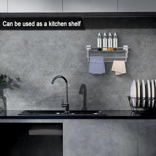 LANC Bathroom Shelves - 20 Inch Floating Tempered Glass Shelf with 2 Towel Rails for Modern Shower Bath Storage - Wall Mounted Stainless Steel Brushed Nickel, A7617BN - color: Brushed Nickel