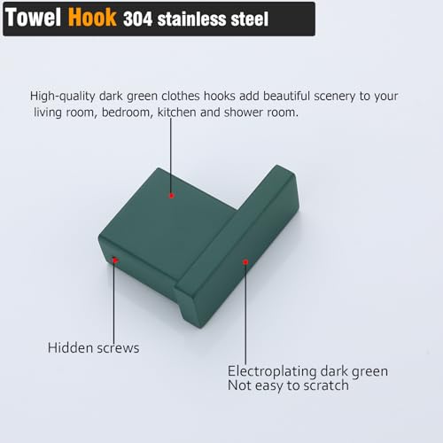RANDOM Dark Green Towel Hooks for Bathrooms Square Shower Hooks Stainless Steel Wall Mount Coat Hooks.96009-8DKG - color: Single Hook-Dark Green