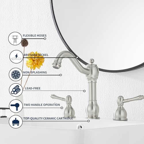 2 Handles 3 Holes Faucet Widespread Bathroom Sink Faucet Basin Tap Mixer Supply Hose Included Matching Pop Up Drain Brushed Nickel - color: Brushed Nickel, size: Widespread