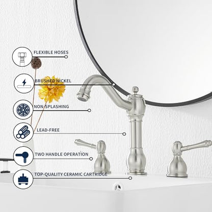 2 Handles 3 Holes Faucet Widespread Bathroom Sink Faucet Basin Tap Mixer Supply Hose Included Matching Pop Up Drain Brushed Nickel - color: Brushed Nickel, size: Widespread