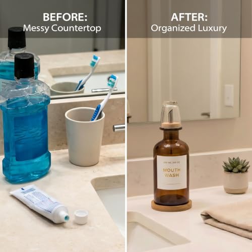 11.8OZ Glass Mouthwash Dispenser for Bathroom, Amber | Stainless Steel & Bamboo Nozzle, Reusable Mouthwash Cup, Bamboo Tray, Elegant Gold Sticker - color: Amber/350*1