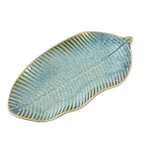 11" Green Ceramic Leaf Decorative Tray, Reactive Glaze Stoneware | Decorative Bowl, Handcrafted, Leaf-Shaped, For Entryway Table, Room Décor
