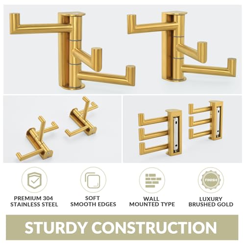 3-Arm Swivel Towel Hooks, 2 Pack, Brushed Gold, Wall Mounted | 304 Stainless Steel, Bathroom Kitchen Closet Use, Heavy Duty 11 lbs Wall Hooks for Towels, Dishrags, Easy 180° Rotate & Fold - color: Brushed Gold, size: 2 Pack