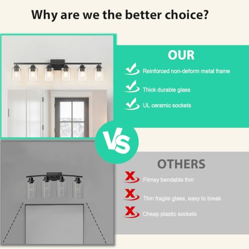 Matte Black Bathroom Vanity Light, 6-Light Modern Vanity Lighting Fixtures Over Mirror with Clear Glass Shade,Square Design,Wall Sconces for Living Room Cabinet Bedroom,E26 Socket - size: 6-Light