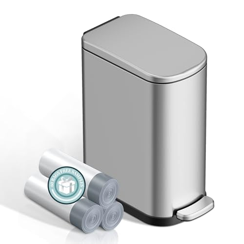 KSSKSS 2.6 Gallon/10L Slim Stainless Steel Bathroom Trash Can with Soft Close Lid, for Narrow Spaces,Bathroom, Bedroom (Silver) - color: Silver