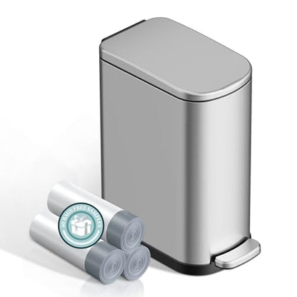 KSSKSS 2.6 Gallon/10L Slim Stainless Steel Bathroom Trash Can with Soft Close Lid, for Narrow Spaces,Bathroom, Bedroom (Silver) - color: Silver