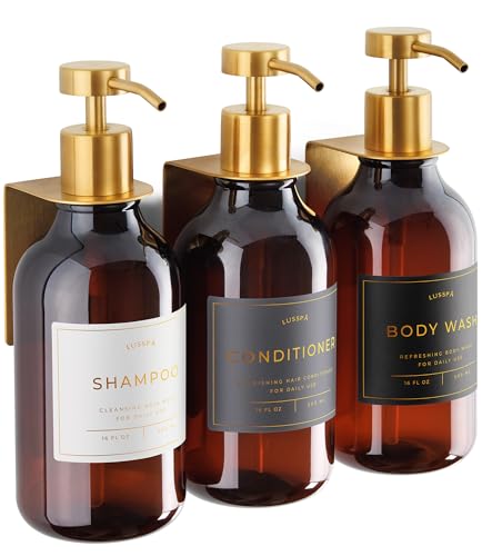 Shower Shampoo Dispenser Wall Mounted – 3 Refillable 16.9 oz Amber Bottles with Stainless Steel Pumps & No-Drill Adhesive Holders – Soap Dispenser Set for Bathroom (3 X Amber/Gold) - color: 3 X Amber/Gold