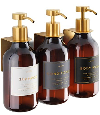 Shower Shampoo Dispenser Wall Mounted – 3 Refillable 16.9 oz Amber Bottles with Stainless Steel Pumps & No-Drill Adhesive Holders – Soap Dispenser Set for Bathroom (3 X Amber/Gold) - color: 3 X Amber/Gold