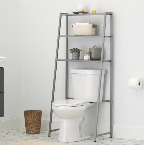 TRINITY 3-Tier Metal Over The Toilet Storage Shelving Rack, Freestanding Bathroom Organizer with Wood Grain Shelves, 27in x 15in x 60in, Champagne - color: Champagne