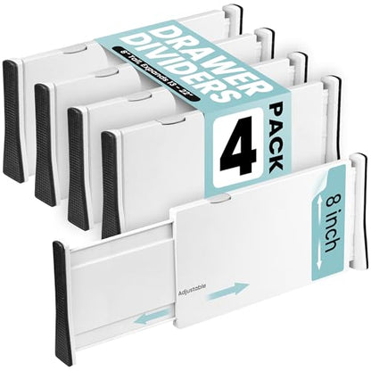 RAPTUROUS Adjustable Drawer Dividers, 8" Tall, Expandable 13.35-22", 4-Pack, Non-Slip for Deep Drawers in Kitchen, Bedroom, and Closet (White) - color: 4 Pack -White, size: 8" Tall, 13"-22" Long