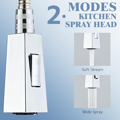 Square Kitchen Faucet Head Replacement Part, G1/2 (13/16" Male Thread) Pull Down Pull Out Sink Sprayer Nozzle, 2-Mode Stream & Spray Tap Spout Only, Splash-Free & Anti-Clog, Chrome - color: High Pressure Spray Head - Chrome