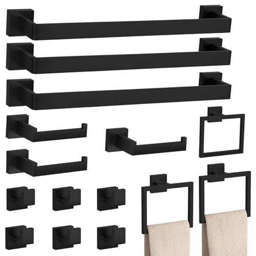 15-Piece Matte Black Bathroom Accessories Set – 23.6" Towel Bar, Towel Ring, Toilet Paper Holder & Hooks, Wall Mounted Bathroom Hardware, Rust & Corrosion-Resistant, Ideal for Modern Bathrooms - color: Matte Black, size: 15 Piece