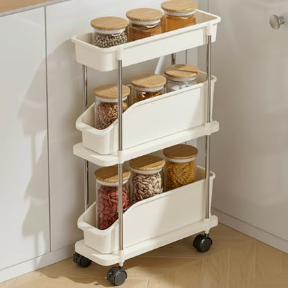 Slim Storage Cart 3 Tier Slim Rolling Utility Cart with Pull-Out Baskets & Wheels for Narrow Space in Kitchen Dining Room Bathroom Laundry Room Cream White (Width 6.3 Inches) - size: 3 Tier