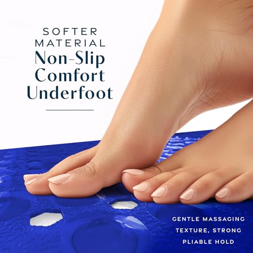 SlipX Solutions 39"x16" Power Grip Non Slip Bathtub Shower Mat, Blue | Stronger Wet Surface Protection, Soft Under Foot, 265+ Suction Cups, Large Drainage Holes - color: Clear Blue