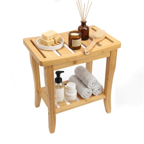 BAMBOO LAND- Bamboo Shower Bench with Storage Shelf, Natural | Waterproof Shower Stool, Spa Bath Seat, Bathroom Bench Seat for Adults, Elderly, Seniors, Indoor or Outdoor Use - color: Natural