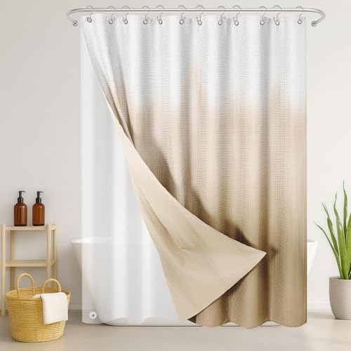 3 in 1 Shower Curtain and Liner,72 x 72 inch, Abstract Tan | Boho Modern Shower Curtain and PEVA Liner Set with 12 Rust-Resistant Metal Hooks, Waterproof Fabric Curtains for Bathroom - color: Abstract Tan
